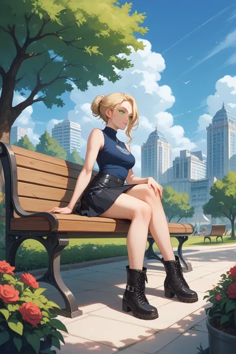  Woman, blonde, corps inteiro,  perfect body,  white skin, Horizontal black lines under the eyes, green eyes, Put her on wearing boots, black skirt, round skirt, sleeveless t-shirt, Dark blue shirt, Put her sitting stylishly on a square bench, scenery a pa...