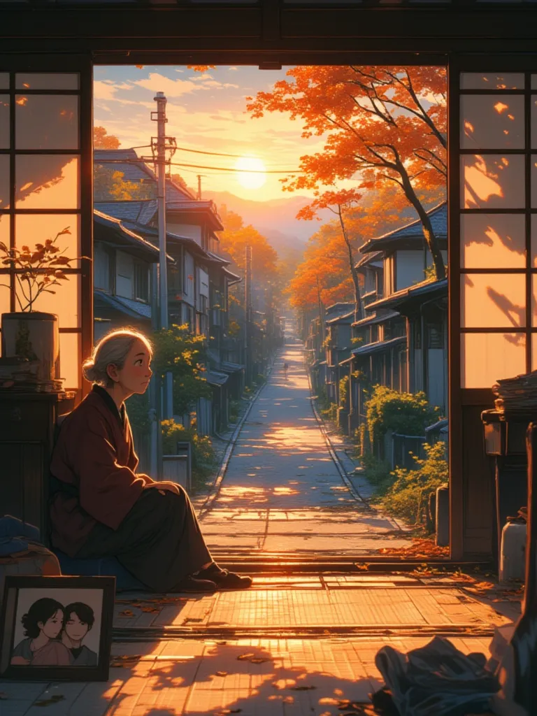 A fragile old lady sitting on the floor outside the sliding door of an old traditional Japanese house, looking towards the outside of her house. Inside the house, there is an old picture of a young Japanese couple in the foreground. Outside the house, a ro...