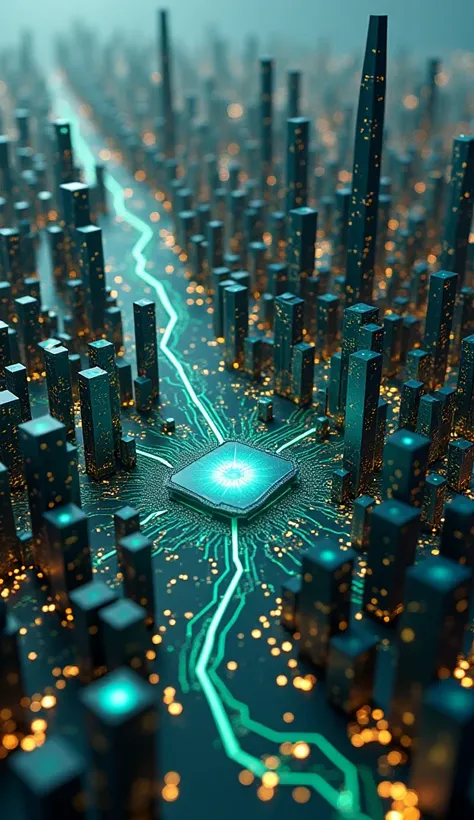 Digital city, futuristic cityscape,  complex network,  glowing motherboard,  abstract architecture,  technological,  high-tech,  cyberpunk,  geometric,  glowing circuits,  metallic structures,  dark teal and gold palette,  reflective surfaces,  complex cit...