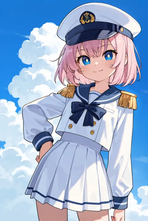 A cute girl with pink hair and wearing a sailor outfit with an officer's cap