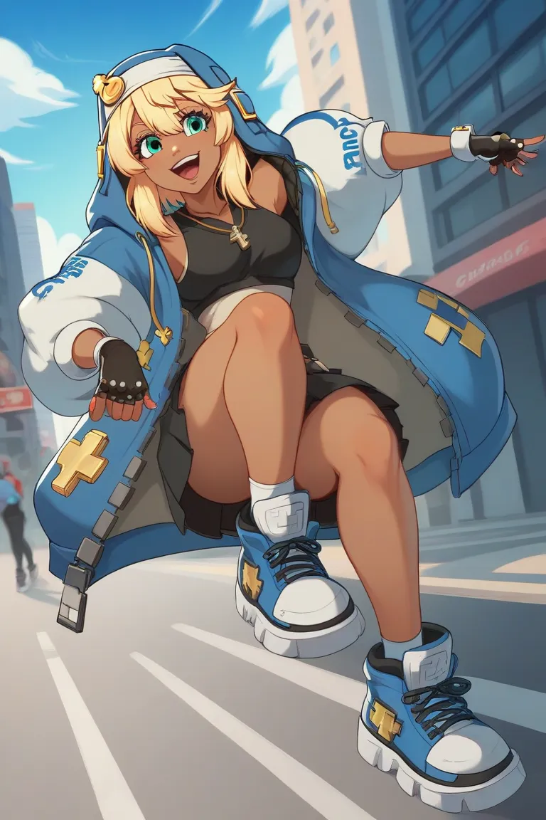 Bridget Guilty Gear Strive Tanned With Gangster Clothes Stylish Black Sneakers With A Bracelet And Yo-Yo On A Street In The Gray Blue Sky With Clouds 