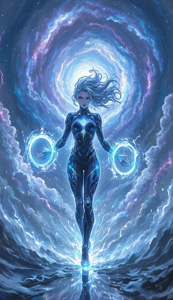 "A celestial anime sorceress with flowing silver-blue hair that shifts like liquid stardust, her piercing turquoise eyes glowing like distant nebulae. She wears a high-tech, luminescent bodysuit embedded with intricate crystalline circuitry, pulsating with...