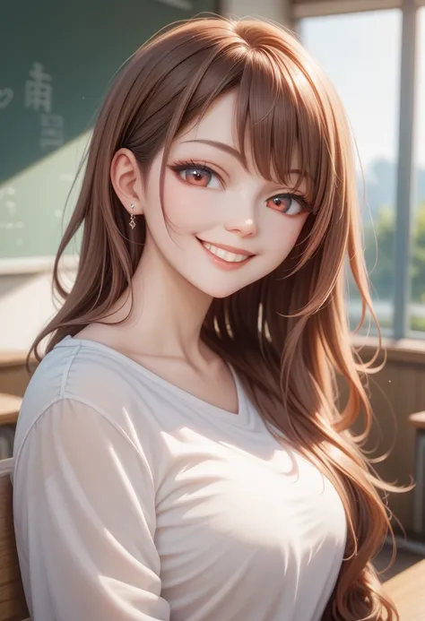 (Representative works:1.2)、( white skin:1.2)、(solo:1.2)、(woman:1.1)、(Highlighted lines:1.3)、brown hair、 Red、Casual Outfit、 long hair、 high school student、high quality、smile、Half Body