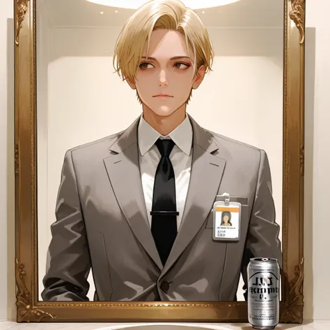 A male male, of short hair style, above the ear ,high, blonde, thin,with brown eyes, In a gray suit and black tie ,standing, if you look in the mirror