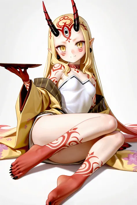 NSFW,masterpiece,Highest quality,Hi-Res,very detailed,Ibaraki Doji\(Fate/Grand Order),long hair、 Gold、side lock、yellow eyes、pointed ears、 face mark 、tattoo、 forehead mark、ghost、horn、Sharp Claws, kimono、 yellow kimono、Head ornament、earrings、gem、 Biz 、off sh...