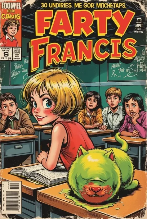 classic comic book cover “FARTY FRANCIS” bold font, classic comic book font, stroke embossed border, cute little elementary school girl and her tabby cat, in yhe classroomfarting at her desk, green fume come from her butt, classmates puke and gag, vibe, to...