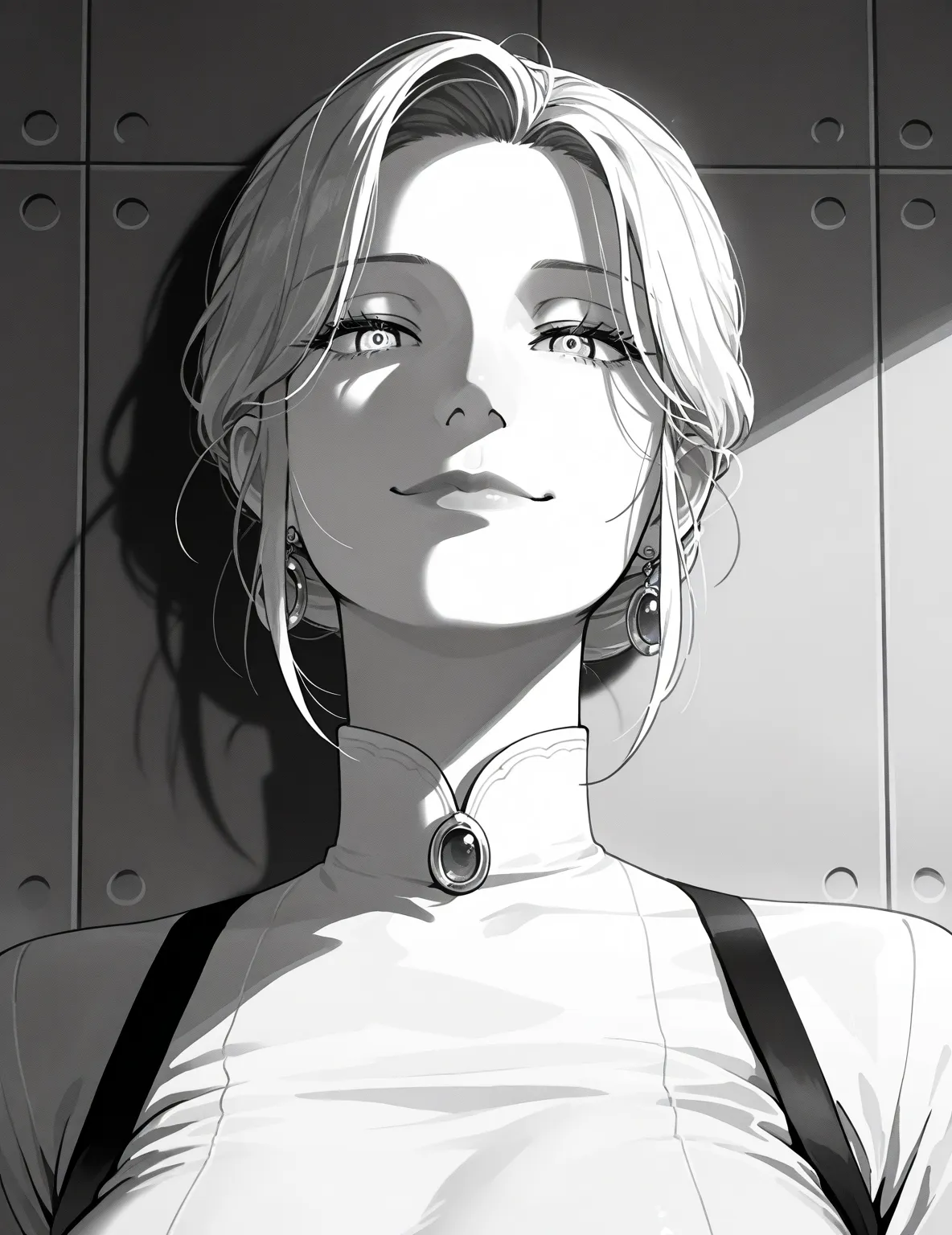 nsfw_manga_style, line art, Black and white, gray scale, monochrome, Miniature painting, Screen-tone, High Contrast,1 mature woman, a bewitching MILF, solo, 30yo ,face only, face focus, look up, looking down at the viewer, Stinky eyes, smirk, from diagonal...