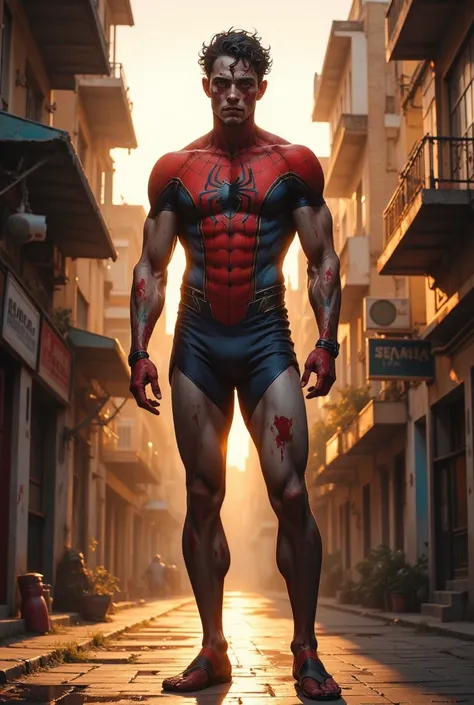 vintage, spiderman, spiderman zombie, zombie, deadly, blood, bloody, bloody face, in the city, late afternoon, old town, vintage town, no people, war, standing, ((full length)), handsome, muscular, wearing revealing shorts, perfect hands, perfect face, per...