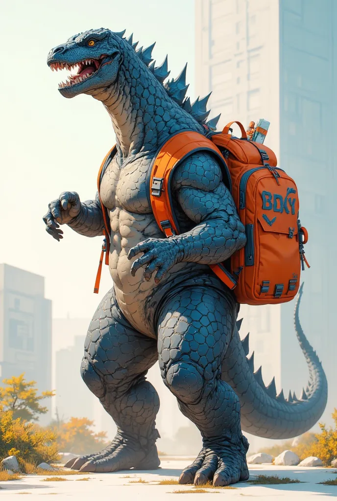 Text: “modchilla”, Godzilla with school backpack back to school, 3D render, poster, 3d render