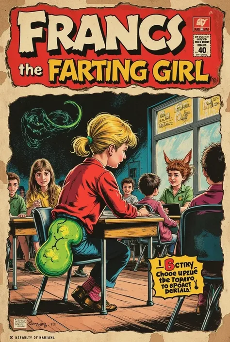 classic comic book cover “FRANCIS THE FARTING GIRL” bold font, classic comic book font, stroke embossed border, cute little elementary school girl and her tabby cat, in yhe classroomfarting at her desk, (green fume coming from her butt), classmates puke an...