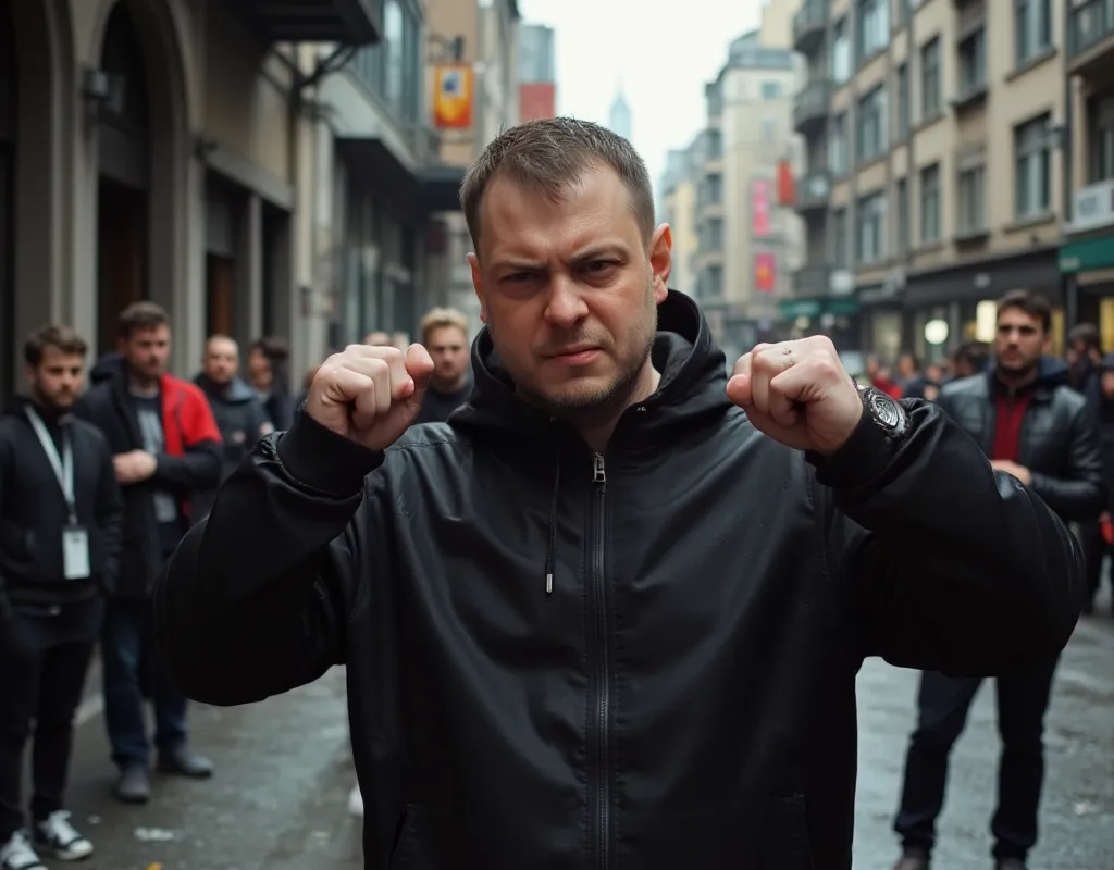 ozon671games, 40 years old, Men's focus ,  angry face, grey street, alley, daylight, black jacket, watches are on hand looking at the camera, stands in a boxing stand, keeps his fists on camera, there is a crowd of people in the background