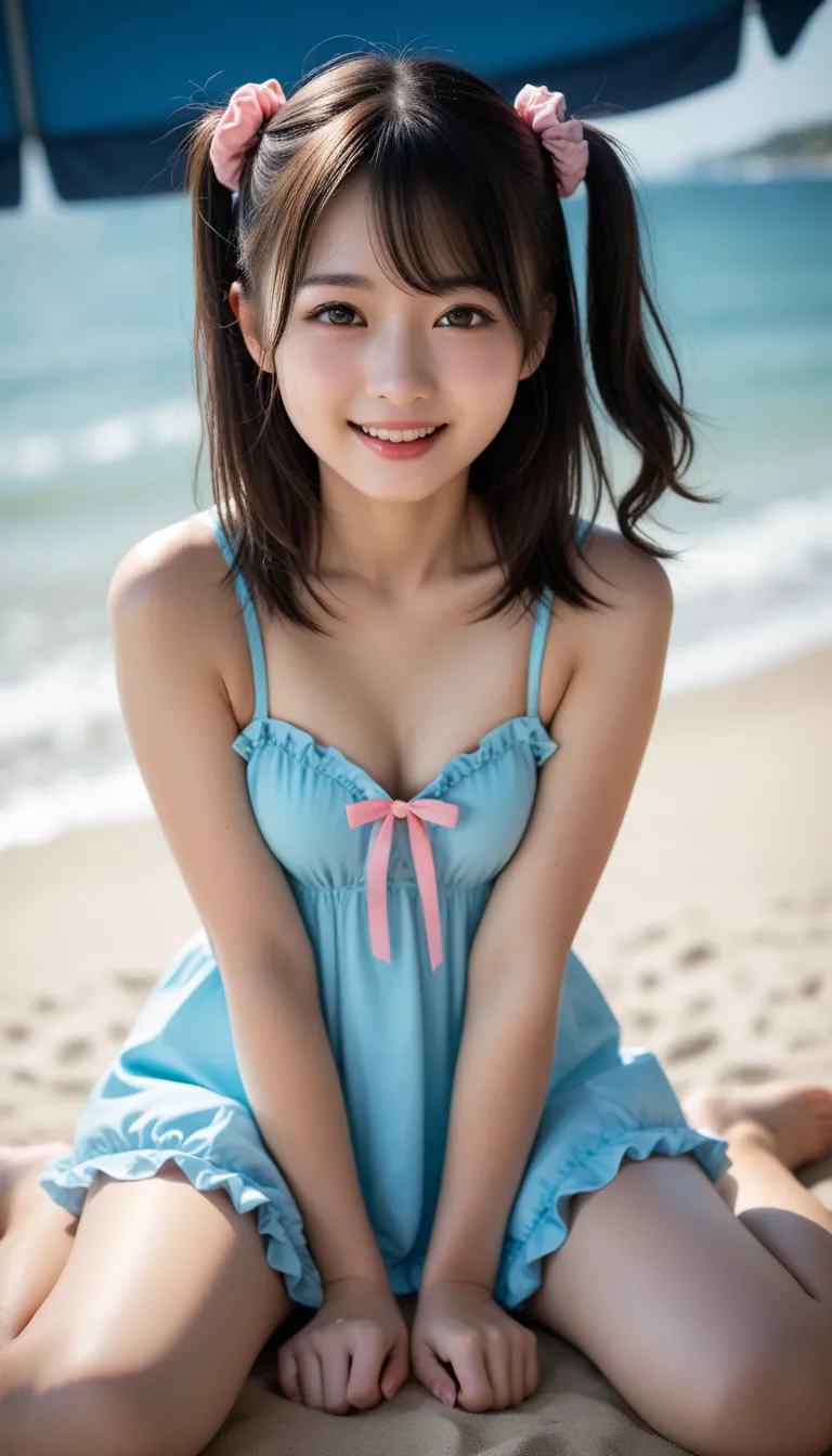  rating_explicit, masterpiece, best quality, (hyper realistic, photo realistic:1.2), ultra high-res, real skin, , scrunchie, side up, , sitting, on beach,(smile:0.8),   
BREAK , frilled summerdress, ,small breast , perfect look at viewer with very admired,...