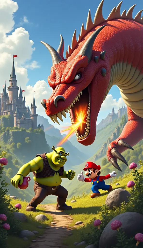 Shrek and Mario fighting the dragon. Shrek is using an onion as a weapon, while Mario throws mushrooms at the dragon. The fire-breathing dragon, and the setting is full of action and vibrant colors."*