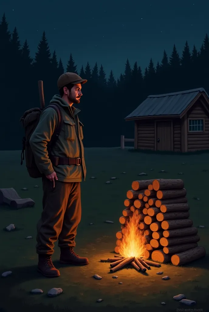 A man looking at a pile of firewood at night