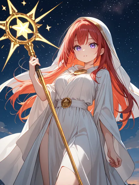 White skinned Goddess Athena holding a star in hands in front of the starry night background