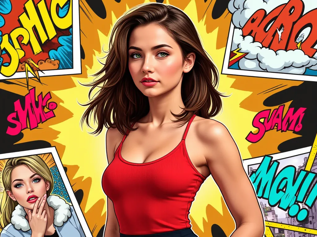 In a cartoon comic book style, a beautiful young woman in her 20s. She has straight long brunette hair. She has green eyes. She is wearing a red tank top with a black skirt.