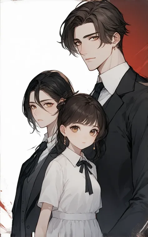 Korean webtoon style poster with 3 main characters. In the middle, A young man with a strict face color with short hair, , cropped brown hair Neatly composed, , , a stiff look that indicates his commitment. In the middle มีเด็กน้อยผู้ชาย, , brown hair, big...