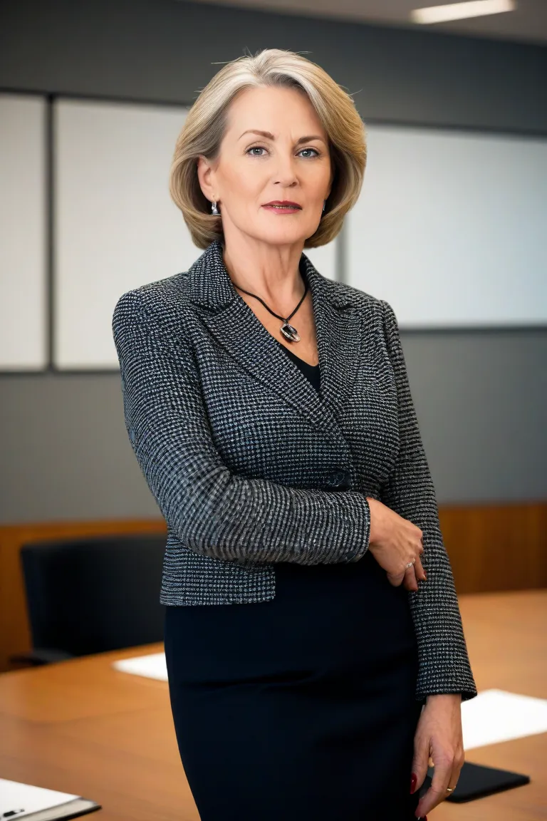 A full body realistic photo of one Margaret Swanson. She is a mature, 55 year old, clearly older looking woman office worker talking in a boardroom making a presentation showing off her body