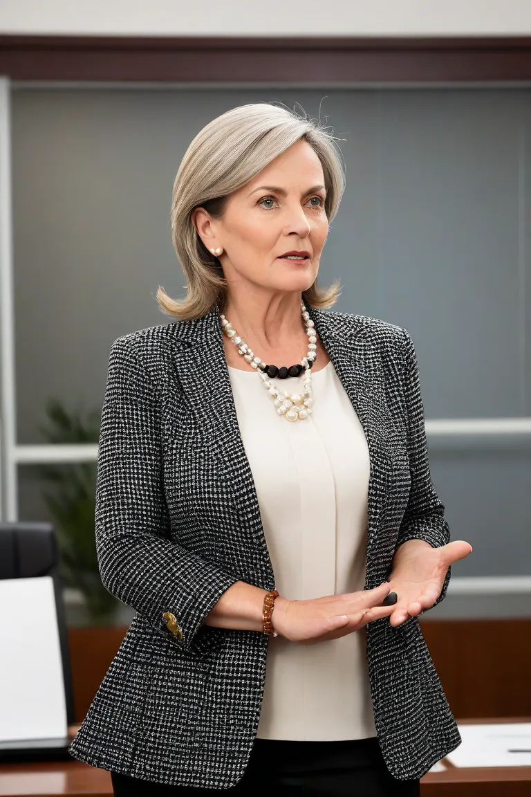 A full body realistic photo of one Margaret Swanson. She is a mature, 55 year old, clearly older looking woman office worker talking in a boardroom making a presentation showing off her body