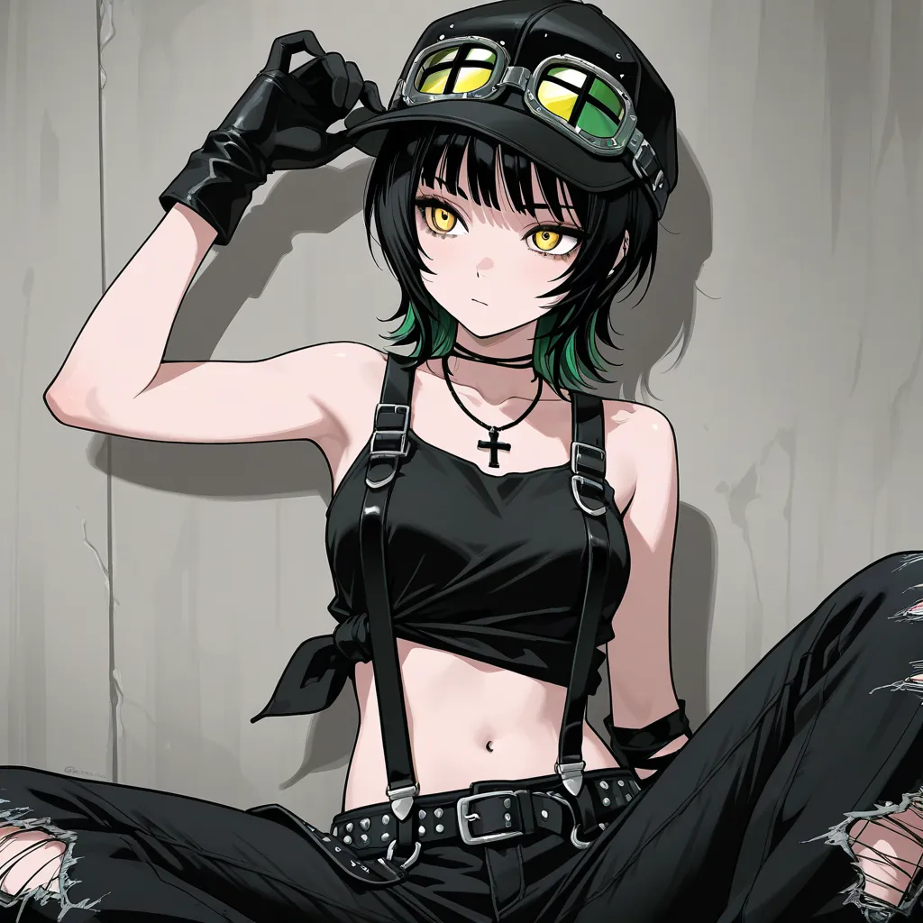 Black Cropped top sleeveless, black gloves, black jeans, tied jacket with Belt + Suspenders, Grunge Punk Goggles Black, Distressed Black Hat, black crucifix  necklace, yellow eyes, Short Wolf Cut Black, cool girl 