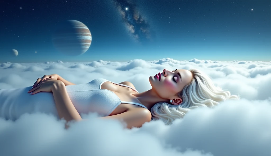 A woman with long white wavy hair,she will be lying on top of a cloud in the sky and will be covered by a cloud as if it were covering her,and the sky will be at night showing the stars and planets and the universe above