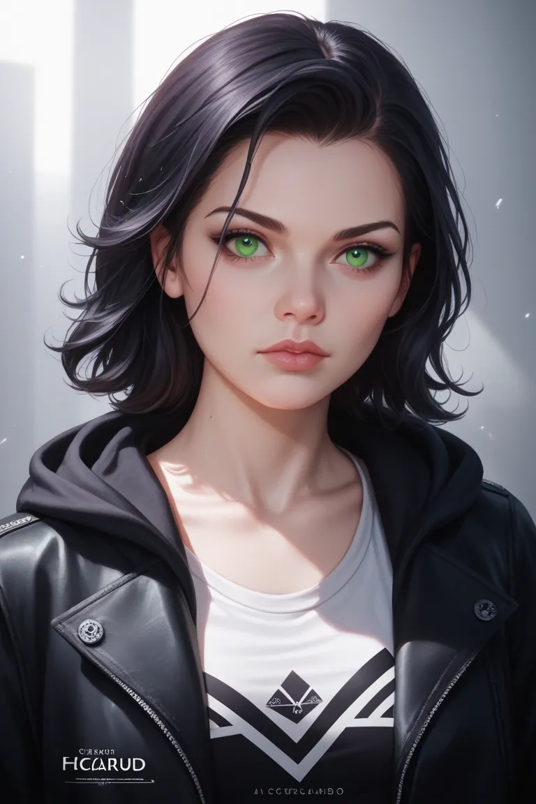 A girl in a black hoodie, with black trousers and boots stands on a white background, black hair, green eyes