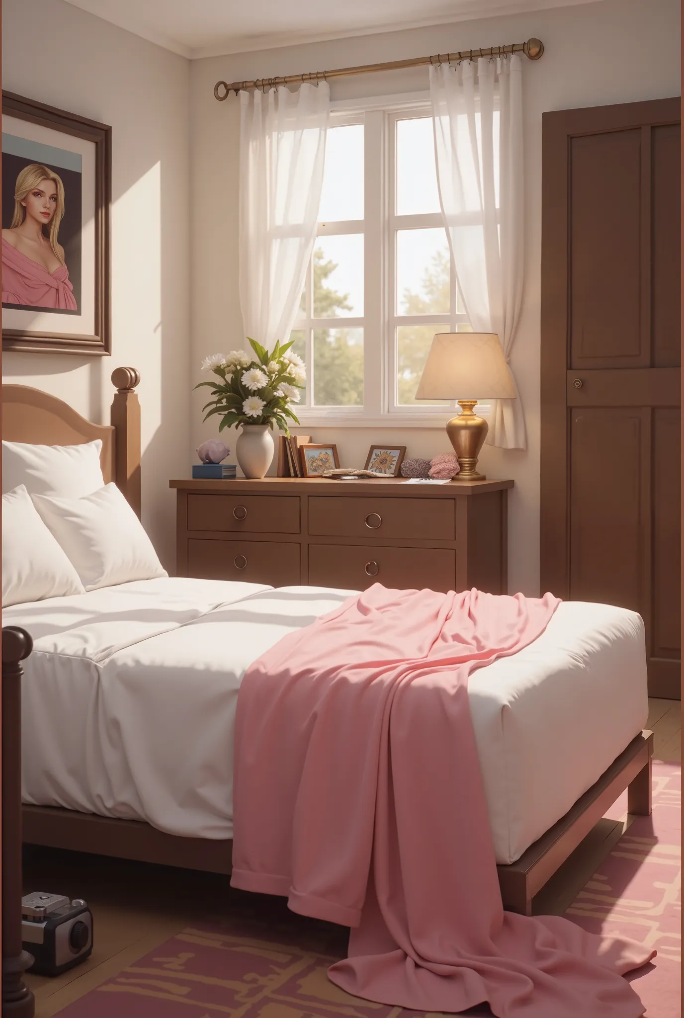 An image that simulates a surveillance camera that shows a very large bedroom with an all-pink bed centered in the bedroom to the left of the bed, a door to a closet in the upper right corner of the bed, a door to the bathroom and a window centered on the ...