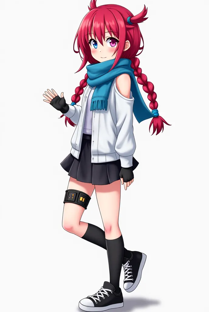 she is an anime character with long hair with red braids the color of the right eye is pink and the one on the left is blue their clothes are a white blouse with the shoulders out she wears a blue scarf and black gloves covering 3 toes she has a short blac...