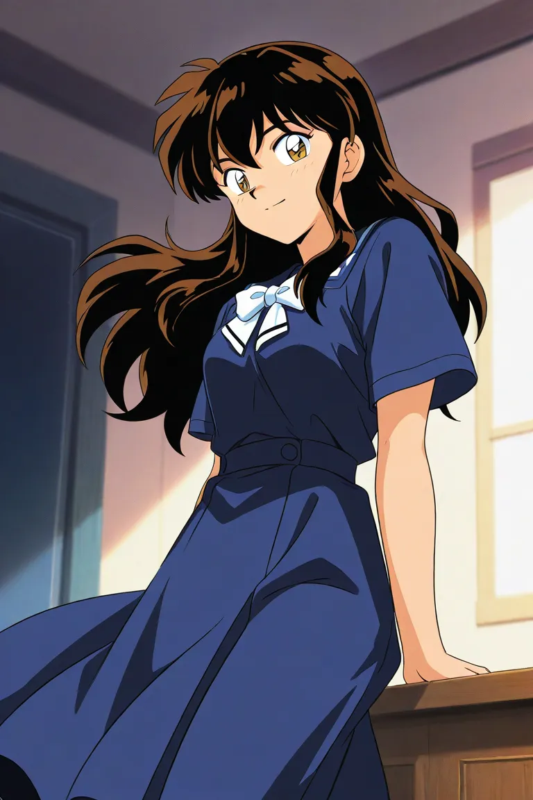 A girl 16 that is an student. She has long straight Brown hair with shiny golden eyes with a blue dress uniform. She's daring, a beauty. She's with a boy that is 14. He has short black hair and blue eyes wearing a blue uniform. He has a beautiful gaze. Kin...