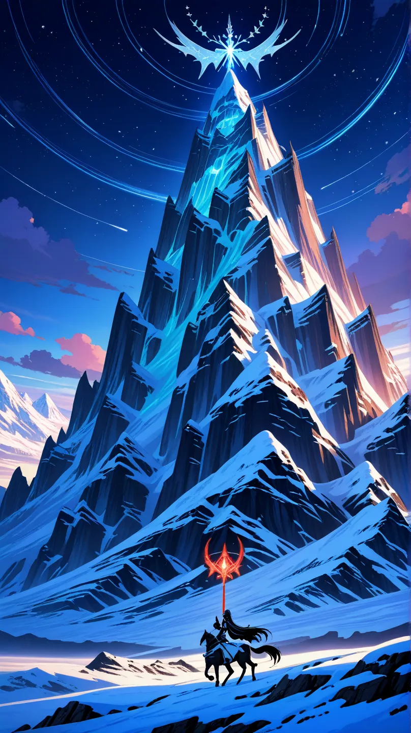 "A breathtaking anime-style night scene of a majestic snowy mountain, illuminated by the soft glow of a massive red moon overhead. The scene captures a deep, immersive atmosphere with a rich contrast between the moon’s crimson hues and the icy blue-white s...