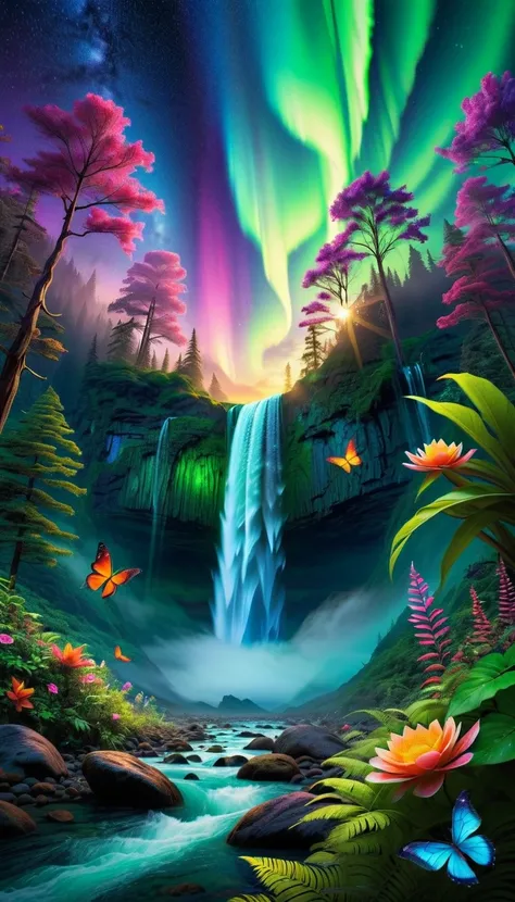 "In a surreal scene, nature blends with fantastic elements in surprising harmony. In the foreground, a dense tropical forest exudes exuberance and life, its vibrant leaves in shades of green contrasting with the rays of golden light that filter through the...