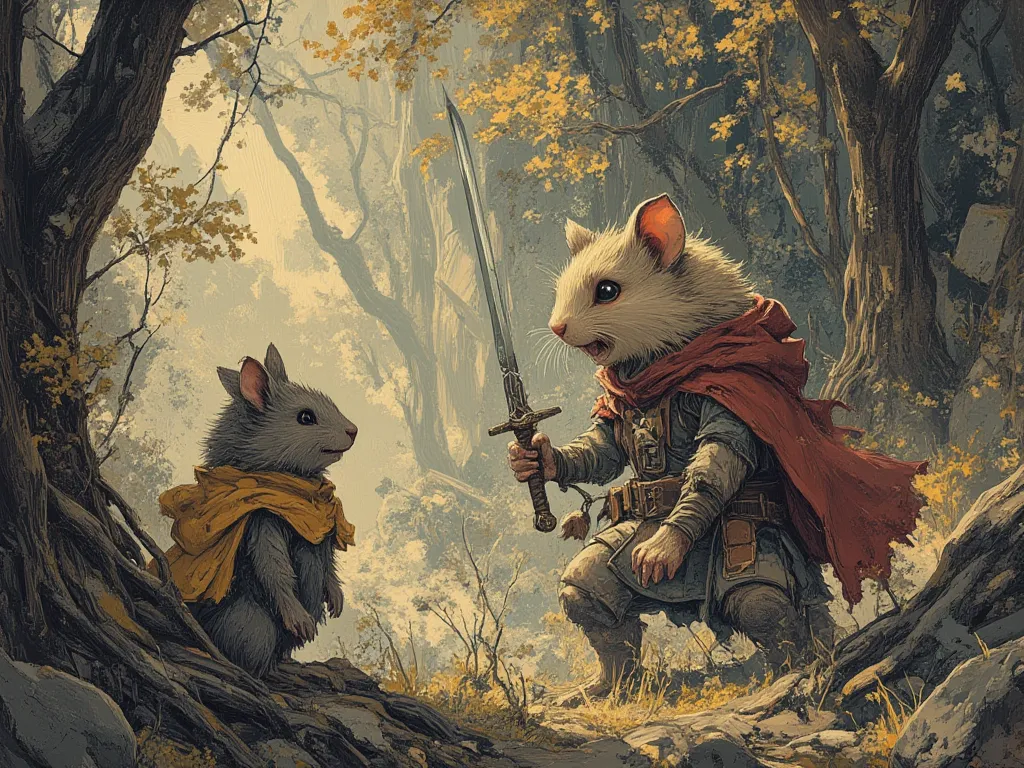 a brave hamster with a sword fights wolf, clearing in the woods,  In fantasy art style, masterpiece,  best quality , Super Detail, an epic, 4K, cinematic light, ultra-detailed,  8k resolution ,(high quality, 8k, 4K, high contrast, masterpiece: 1.2, 最high q...