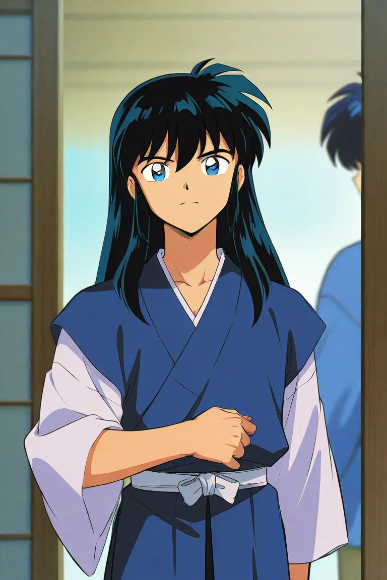 Just one little 14 boy that is a student. He has short black hair and blue eyes wearing a blue uniform. He has a beautiful gaze. Kind. Gentleman. A minor. Inuyasha anime character art style. High quality. 