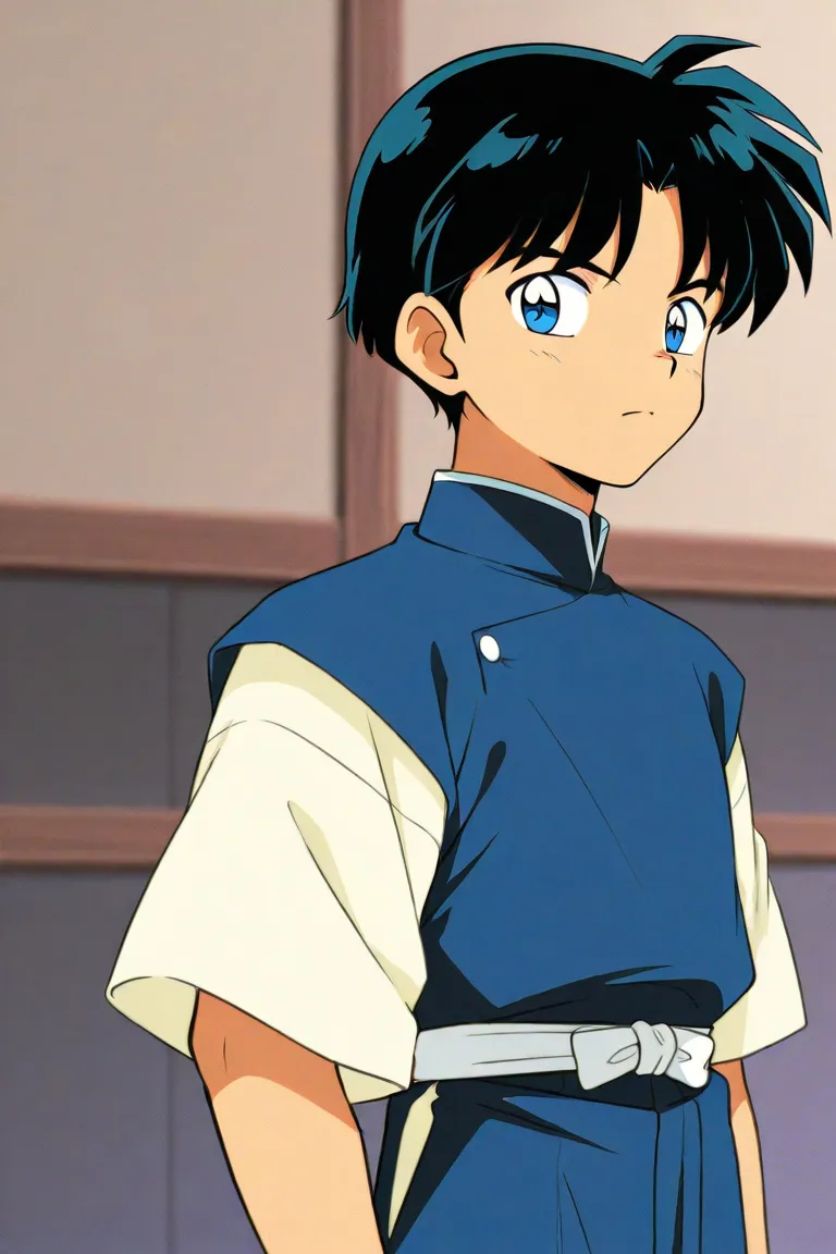 Just one little 14 boy that is a student. He has short black hair and blue eyes wearing a blue uniform. He has a beautiful gaze. Kind. Gentleman. A minor. Inuyasha anime character art style. High quality. 