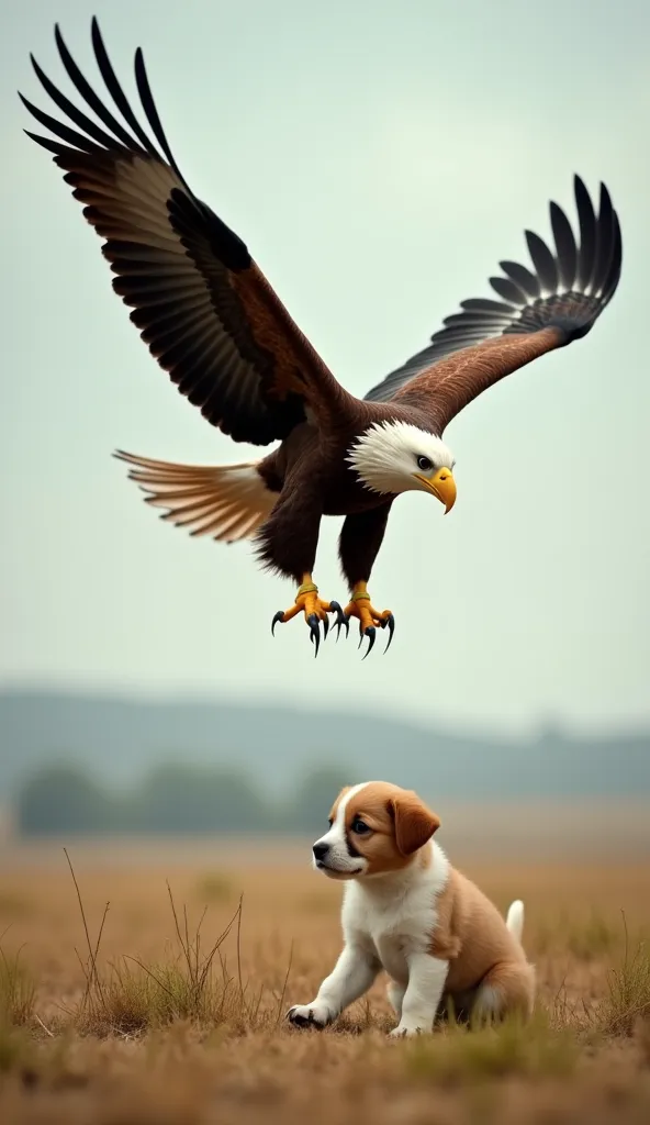 **"A terrifying eagle soars above a cute puppy, who looks frightened. They are in an open field where the puppy was playfully roaming. The eagle, with its sharp claws spread wide, watches the puppy, ready to strike."**