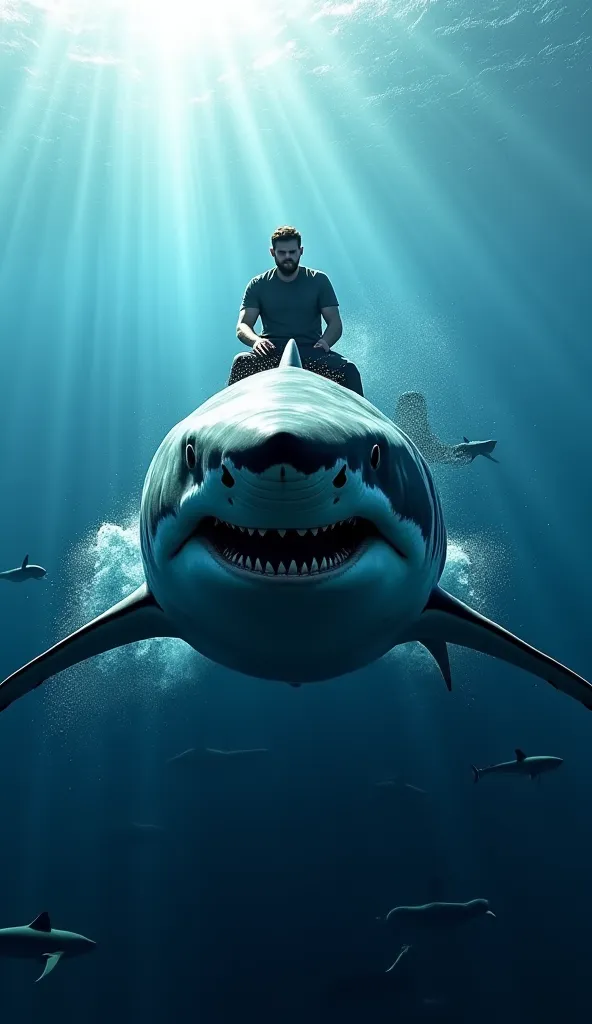 Create a hyper-realistic image from a first-person perspective, riding atop a colossal great white shark as it slices through the ocean depths. From your viewpoint, you see the powerful, scarred back of the beast, its rough skin rippling with each movement...