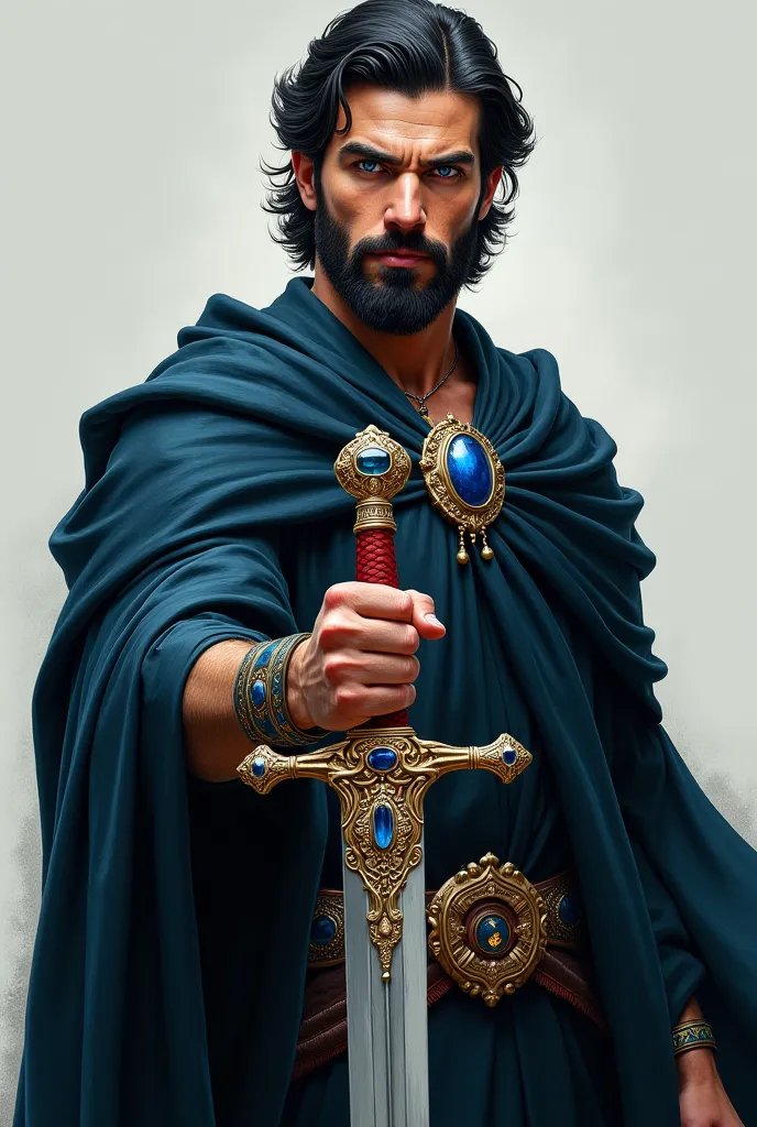 A beautiful white man with a medium black beard with a gray beard with sharp blue eyes holding an Arab sword wearing a black mane with a blue stone 