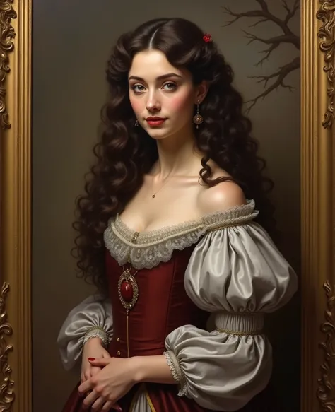  Oil painting of a beautiful Russian duchess from the 1700s, She has voluminous curly dark brown hair, encased in a golden frame, on a greyish wall 