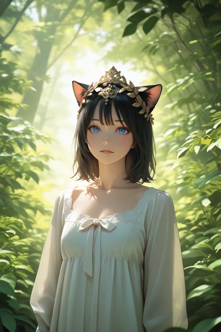 A girl with black hair, blue eyes and cat ears 