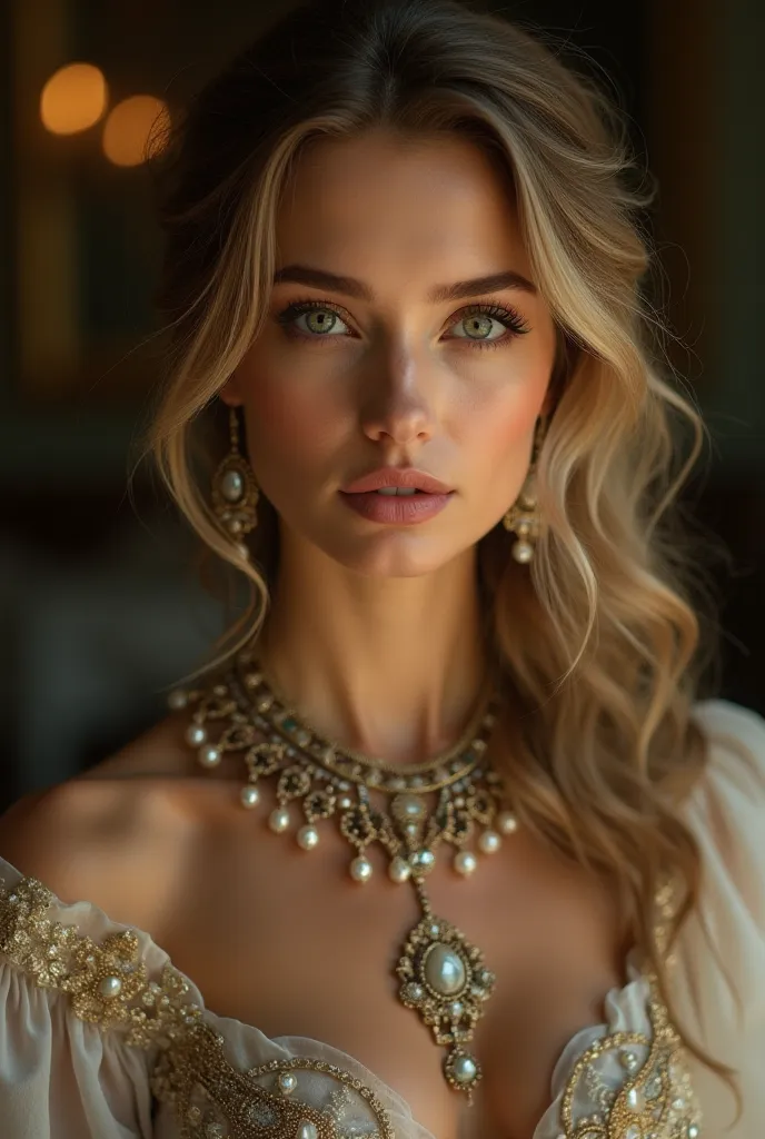 a beautiful Russian woman , detailed face, detailed eyes, detailed lips,  long lashes, beautiful skin, Loose hair, ornate jewelry,  elegant dress ,  serene expression, dramatic lighting, film composition,  photorealistic, dancing, green eyes,  golden skin.