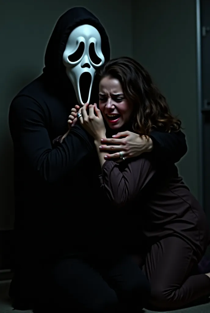 Ghostface from the horror movie scream kneeling arms around female crying on her knees  tears fall down her face 