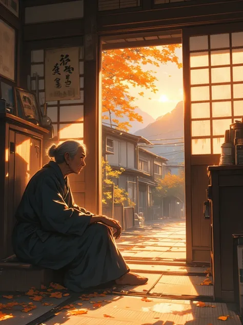 A fragile old lady sitting on the floor outside the sliding door of an old traditional Japanese house, looking towards the outside of her house. Inside the house, there is an old picture on the cabinet of a young Japanese couple. Outside the house, a road ...