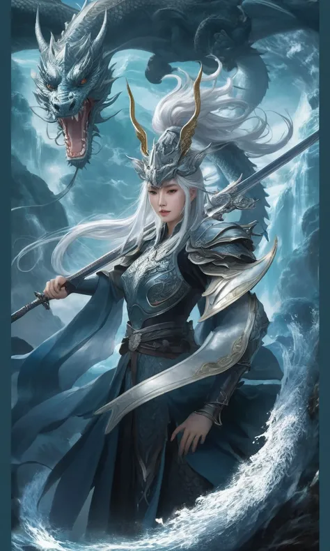 a beautiful women in armor holding a sword and a dragon, by Yang J, white haired deity, chinese fantasy, loong, queen of the sea mu yanling, chinese mythology, inspired by Huang Shen, zhao yun, inspired by Guan Daosheng, legendary god holding spear, fantas...