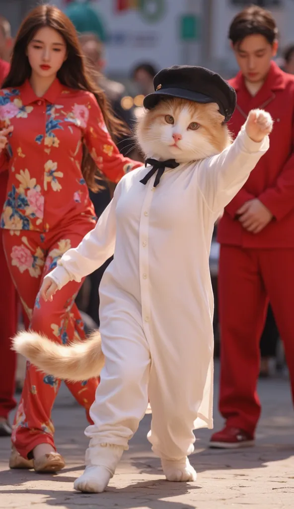 Action dance cute cat White Frock Black Cap Red pajamas ,8k 