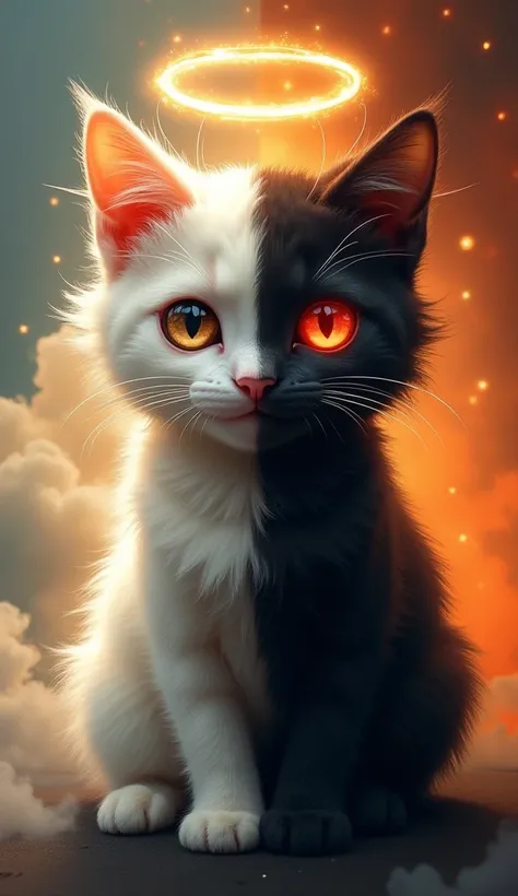 "A mystical cat with a perfectly split appearance—one half of its body pure white, glowing softly like an angel, with feathery fur, a golden halo above its head, and bright, kind eyes. The other half is deep black, with sleek fur, sharp glowing red eyes, t...