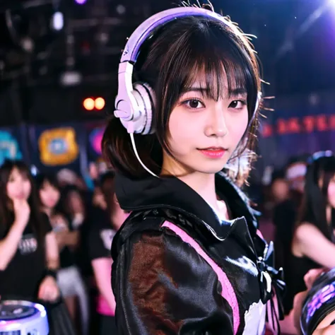 japanese woman,  dj, with headphone, in the club,  kawaii, ((very short cut:1.2)), crowds around, cyber punk, gothic lolita, ((DJ, dancing, on the stage:1.3))