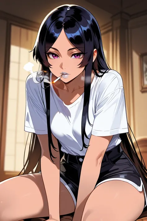 1guy, femboy, long black hair, black short shorts, white sleeveless shirt, sitting, messy background, , white skin, black eyes, smoking, basement, 