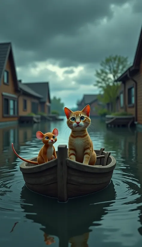 "A dramatic scene of a small wooden boat floating on floodwater in a partially submerged village. A cat and a mouse are sitting together on the boat, looking surprised and worried. The background shows flooded houses, trees, and a dark, stormy sky. The art...