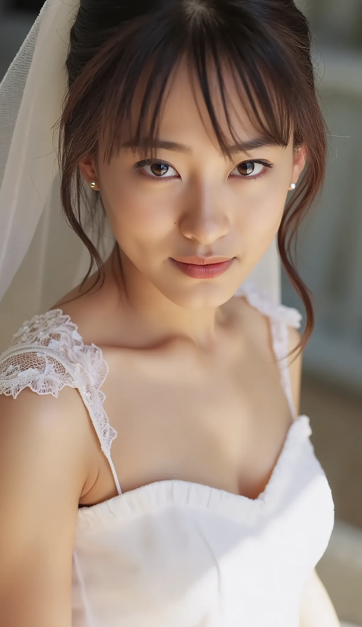 Japanese age Girl、 white skin、bright lights、super image quality、4K、Picture of her face 、She smiles, ((Mini Wedding Dress)), miniskirt、 thighs、((choker))、super image quality、High image quality in every detail、clavicle、(Ergonomically accurate human body)、bel...