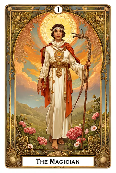 art nouveau style, a Magician character of tarot, Text says "THE MAGICIAN" at bottom, “I” at top.
The Magician points up with one hand and down with the other.
In his right hand, pointing upward, he holds a staff.
With his left hand he points to the earth...